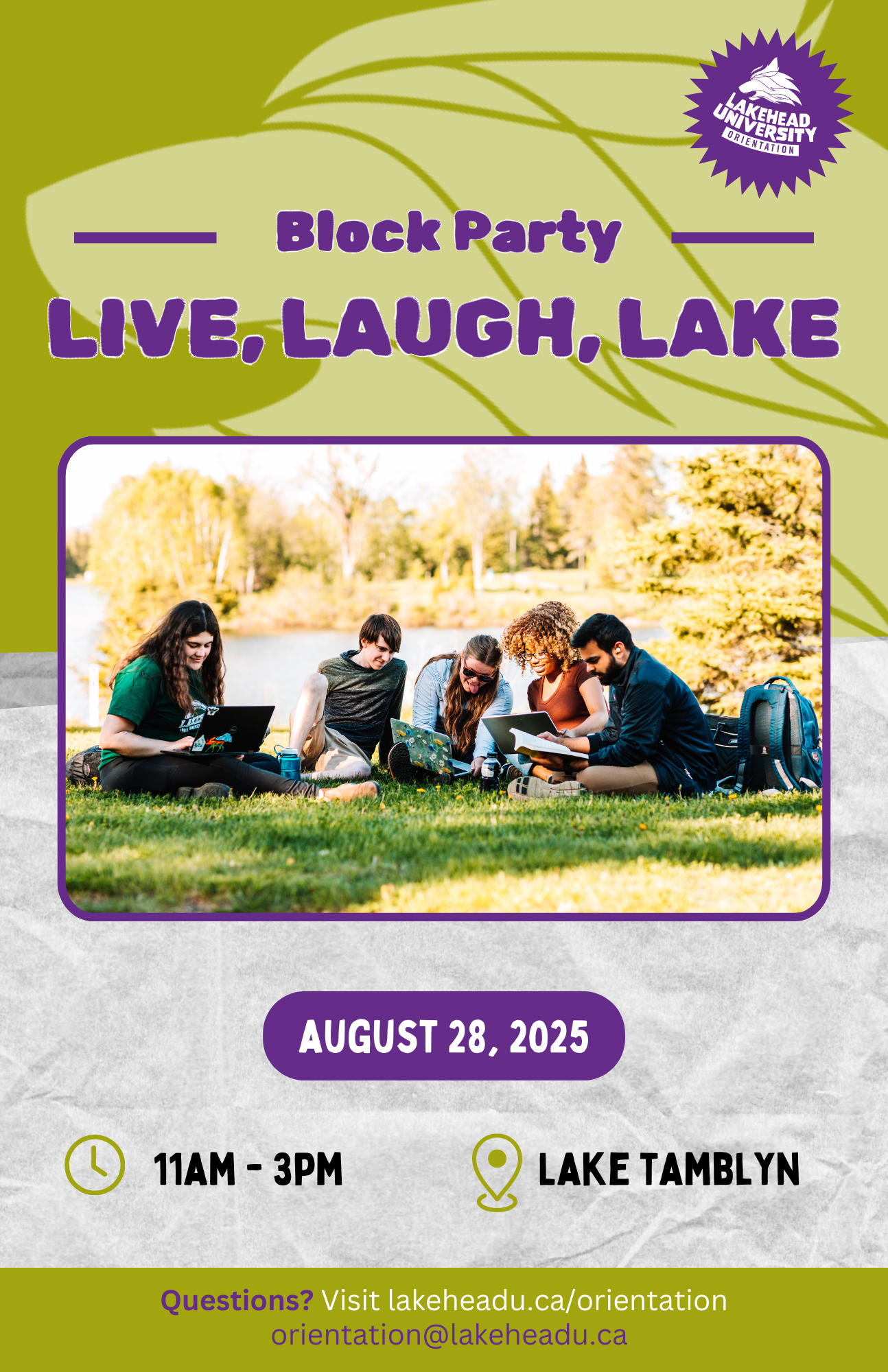 Live, Laugh, Lake Block party Live, Laugh, Lake Block Party at Lake Tamblyn featuring live music, free samples, outdoor games, reptile show, and more!
