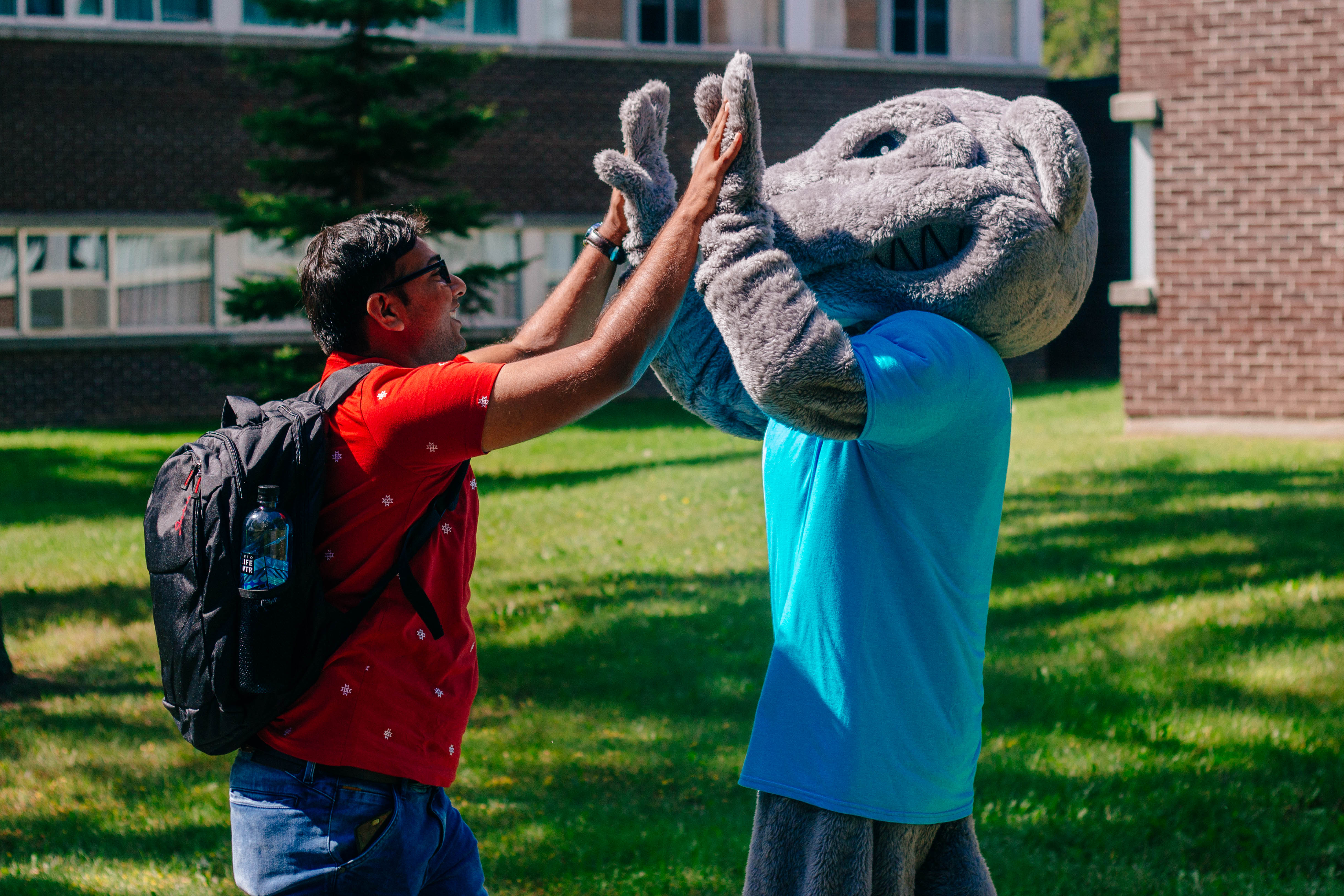 Student giving the mascot a high five