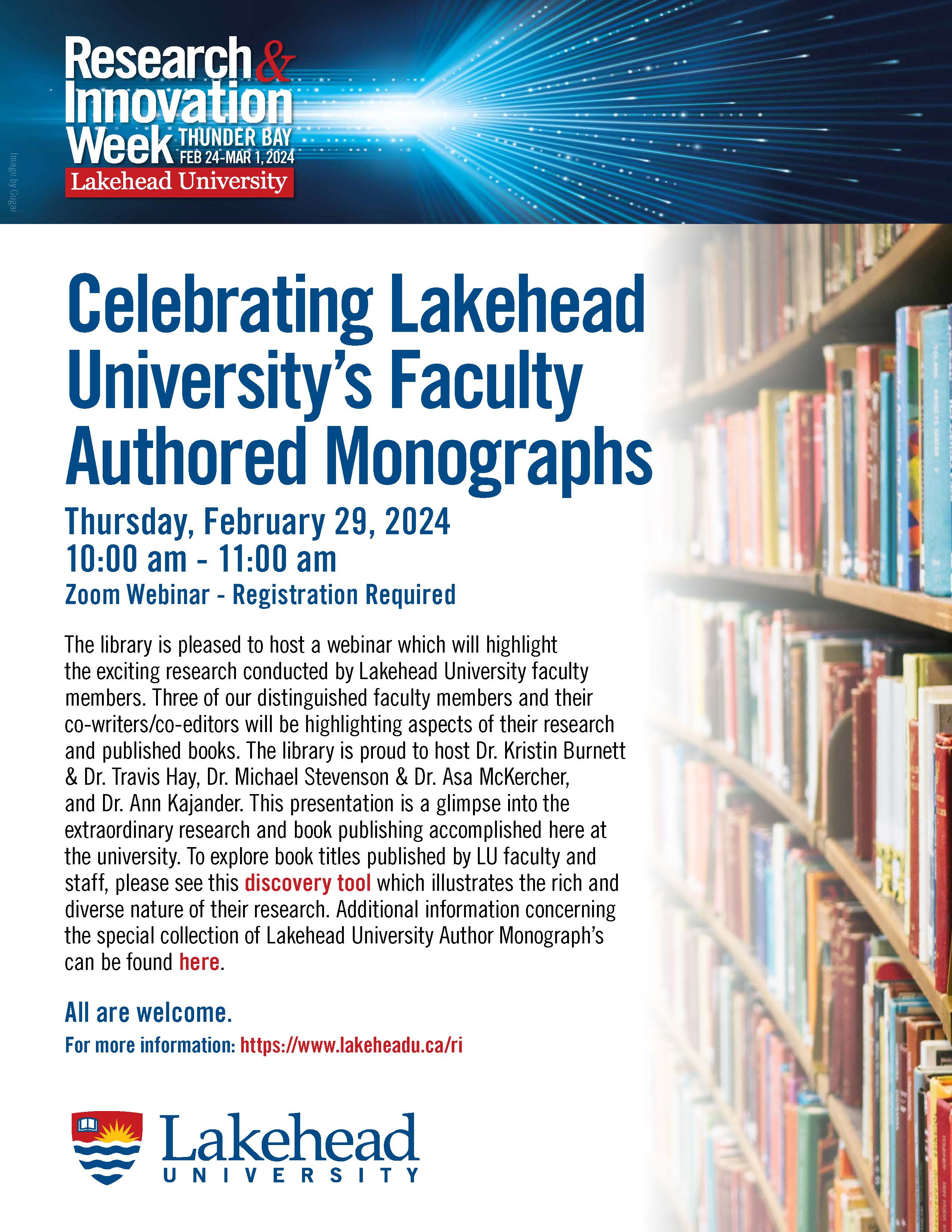 Event Poster for Celebrating Lakehead University’s Faculty Authored Monographs
