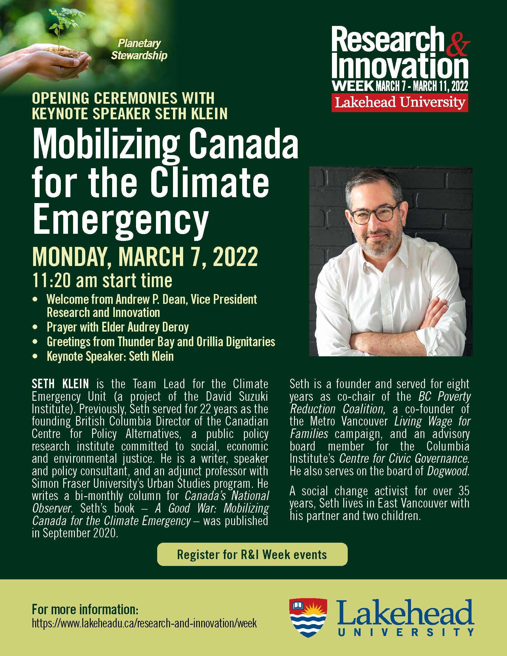 Poster for Opening Ceremonies with Keynote Speaker Seth Klein "Mobilizing Canada for the Climate Emergency"