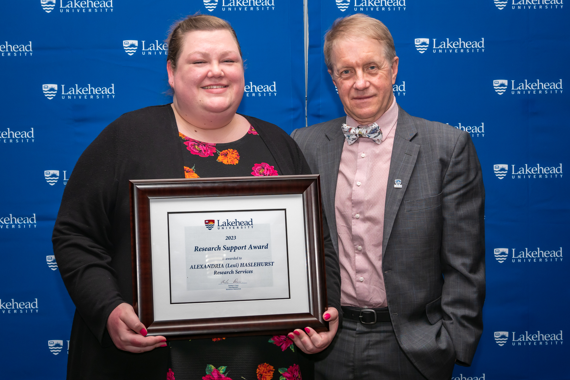 Photo of Winner of Research Support Award, Dr. Alexandria (Lexi) Haslehurst, Office of Research Services, with Dr. Andrew P. Dean, Vice-President, Research and Innovation