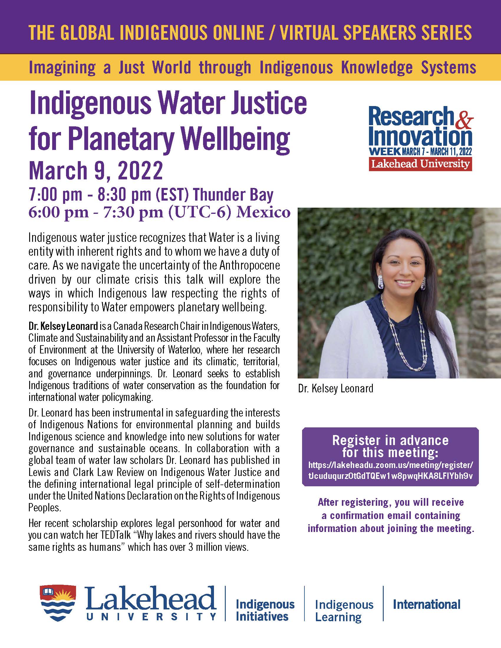 Poster for Global Indigenous Speaker Series: Dr. Kelsey Leonard Talk