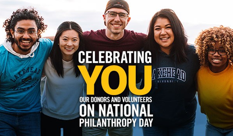 5 students smiling with the text celebrating you our donors and volunteers on national philanthropy day on top