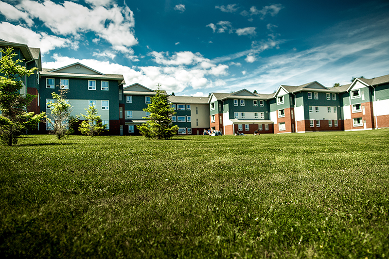 A wide angle photo featuring some of the housing found on Thunder Bay campus