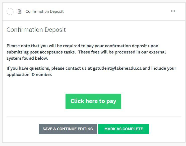 Confirmation deposit screen