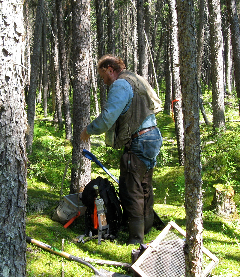 Scott Hamilton doing remote shovel test survey in Hudson Bay Lowlands in 2008. 