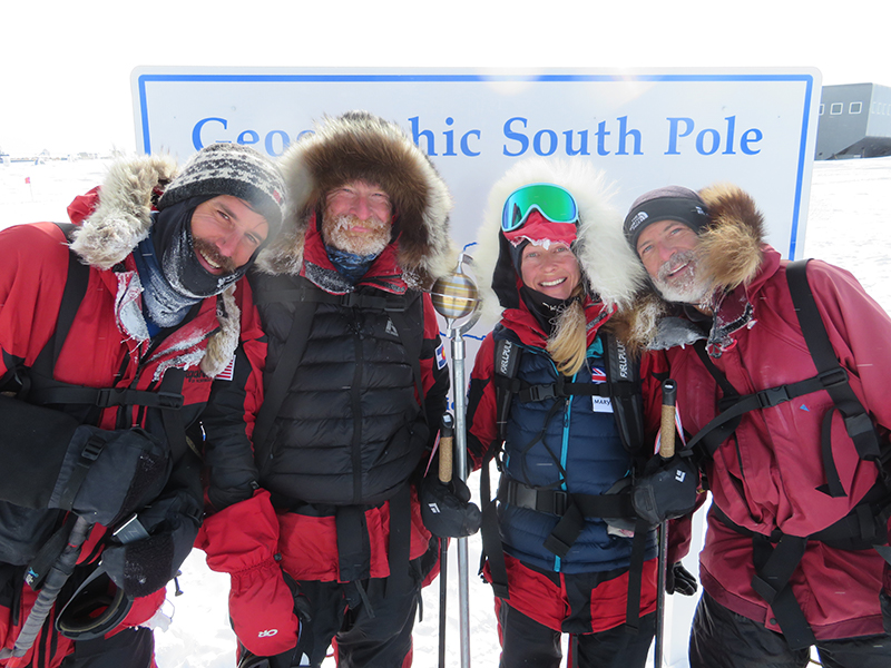 Scott (far right) and fellow adventurers Ryan Waters, Paul Adams, and Katrina Follows arrived at the South Pole after 43 days of travel