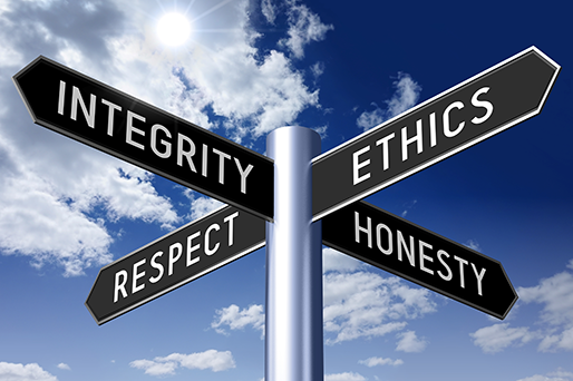 A sign with four options which are: Integrity, Ethics, Respect and Honesty