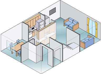 floorplan of the main floor of a townhouse, showing dining, living, and kitchen areas
