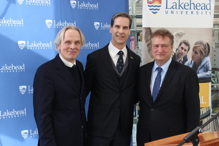 Dr. Brian Stevenson, right, announced that Dr. Dean Jobin-Bevans (middle) will be the new Principal of Lakehead Orillia when Dr. Kim Fedderson, left, retires from the position.