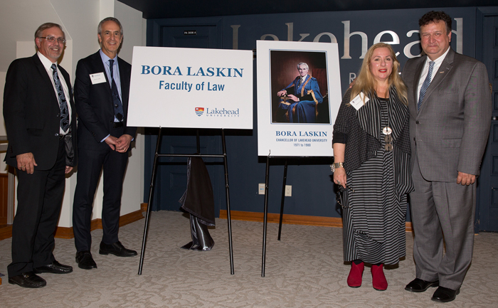 Faculty of Law's Founding Dean, Lee Stuesser, from left, John B. Laskin, Barbara Laskin and President & Vice-Chancellor of Lakehead University Dr. Brian Stevenson took part in a celebration announcing that the school of law will be named the Bora Laskin Faculty of Law. 