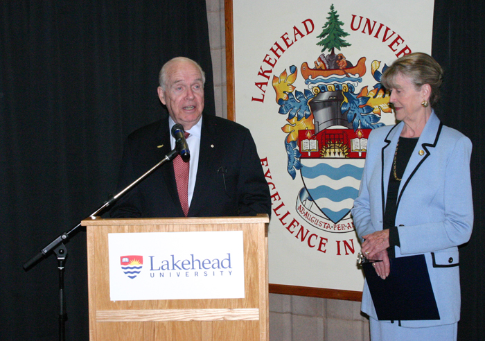 Dr. Derek Burney and his wife Joan announced the $150,000 contribution they made to Lakehead University's Centre of Excellence for Sustainable Mining and Exploration.