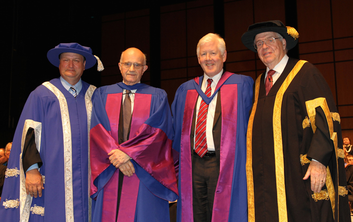 From left:  Lakehead President and Vice-Chancellor Dr. Brian Stevenson; Honorary Doctor of Laws recipient, The Honourable Frank Iacobucci; Honorary Doctor of Laws recipient, The Honourable Bob Rae; Lakehead Chancellor Dr. Derek Burney.