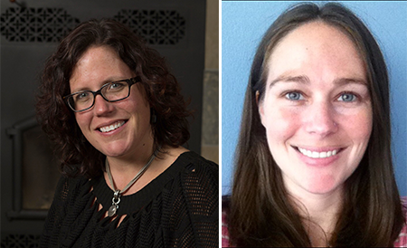 On the left is a women wearing a black cotton shirt accessorized with a necklace. She is also wearing glasses and has curly dark brown hair. On the right is a women with brown hair and blue eyes smiling against a blue background. 