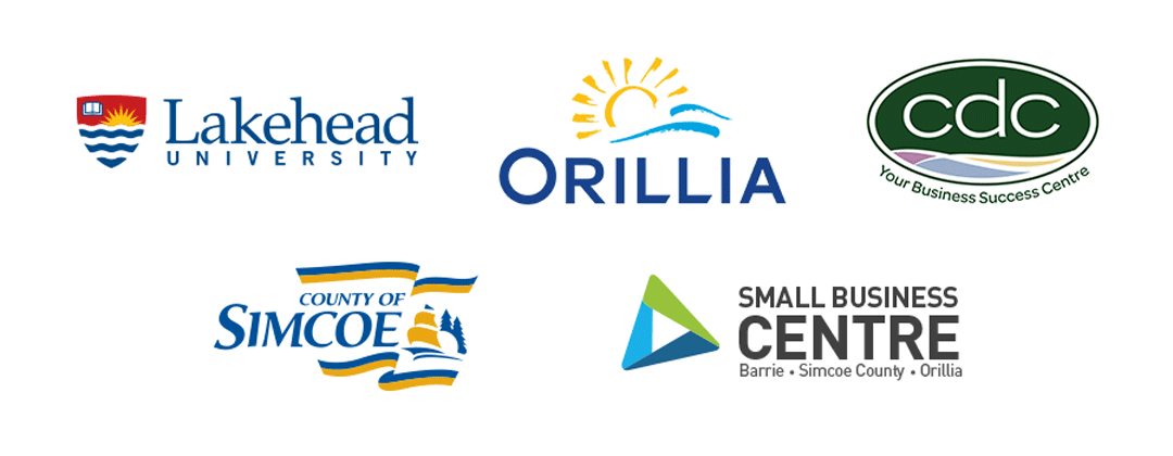Lakehead University the City of Orillia the Orillia Area CDC the County of Simcoe and Small Business Centre logos