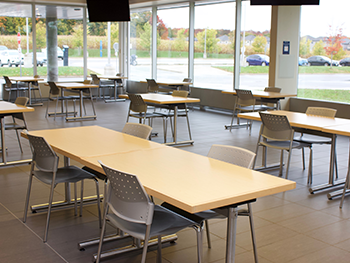 Cafeteria tables distanced for COVID measures