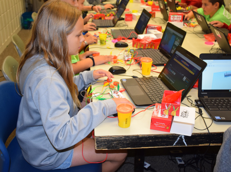 Photo of a Superior Science camper using a Makey Makey external circuit board connected to a laptop.