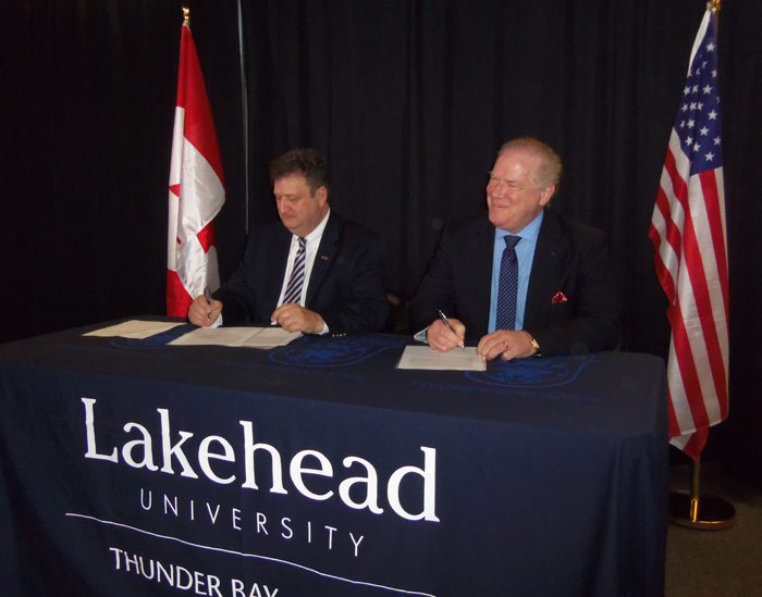 Lakehead University President and Vice-Chancellor, Dr. Brian Stevenson, and Dr. Michael Hawes, CEO and Executive Director of Canada-U.S. Fulbright Program, signed a memorandum of understanding on Friday, Jan. 10, 2014. 