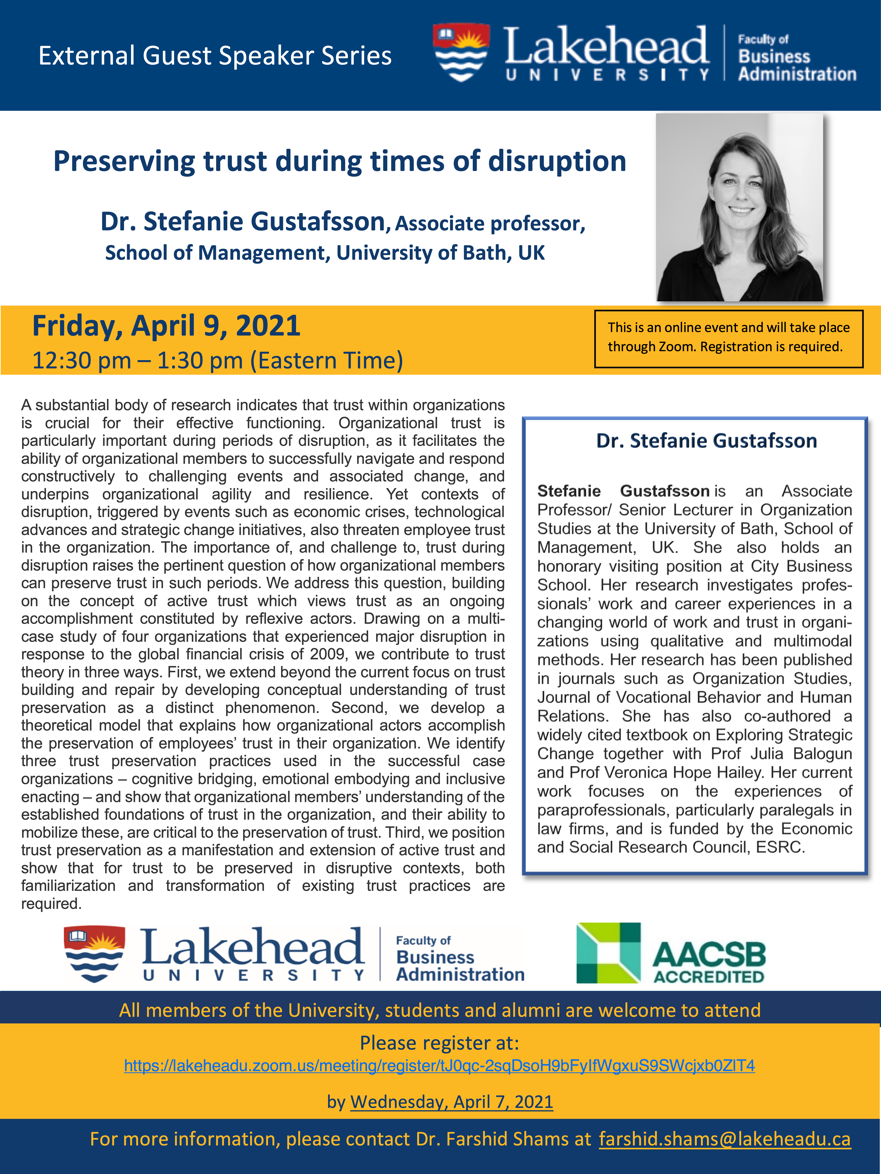 Preserving Trust during Times of Disruption Dr. Stephanie Gustafsson