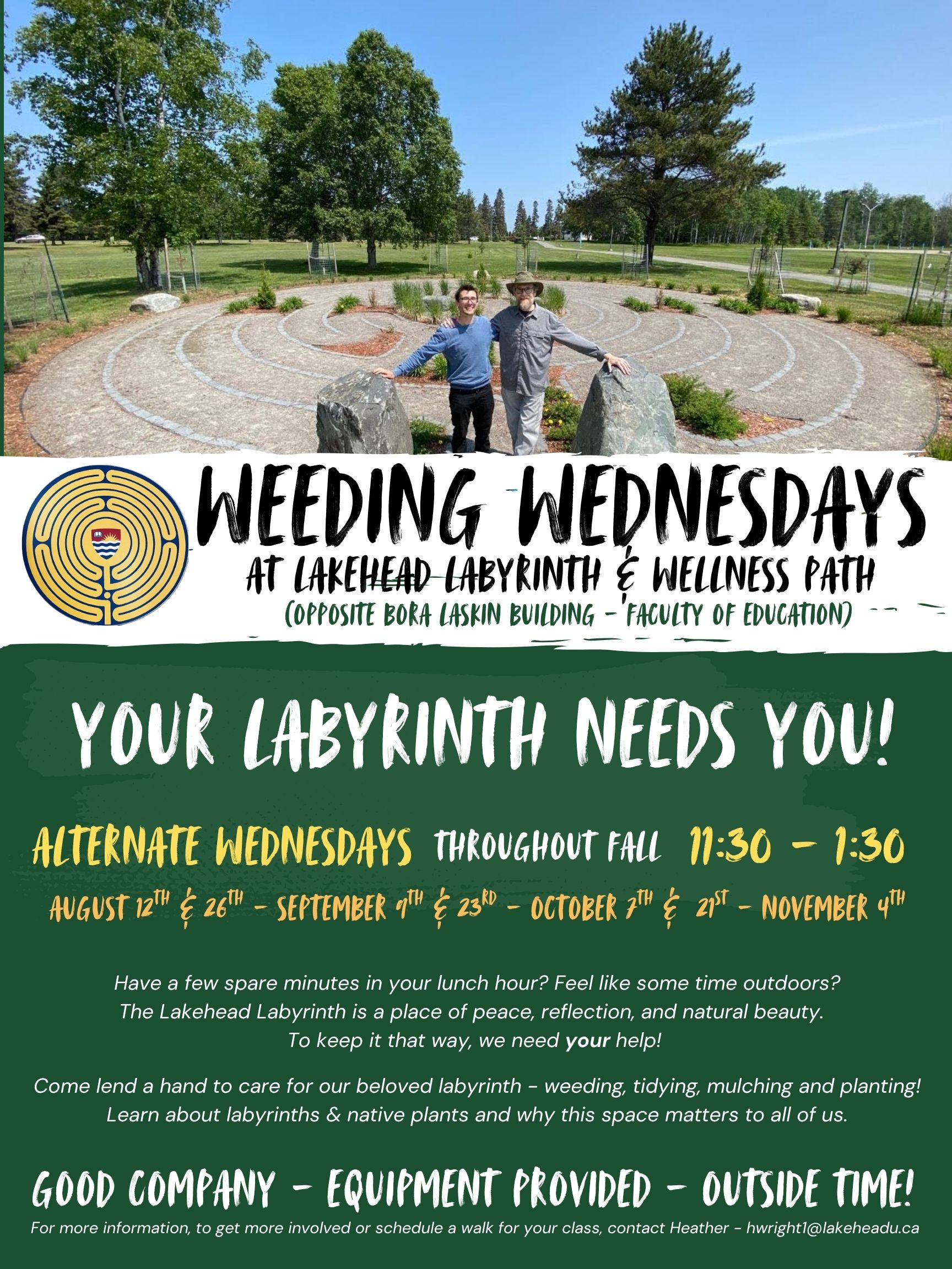 Poster for Weeding Wednesdays with details and image of labyrith with 2 people in front