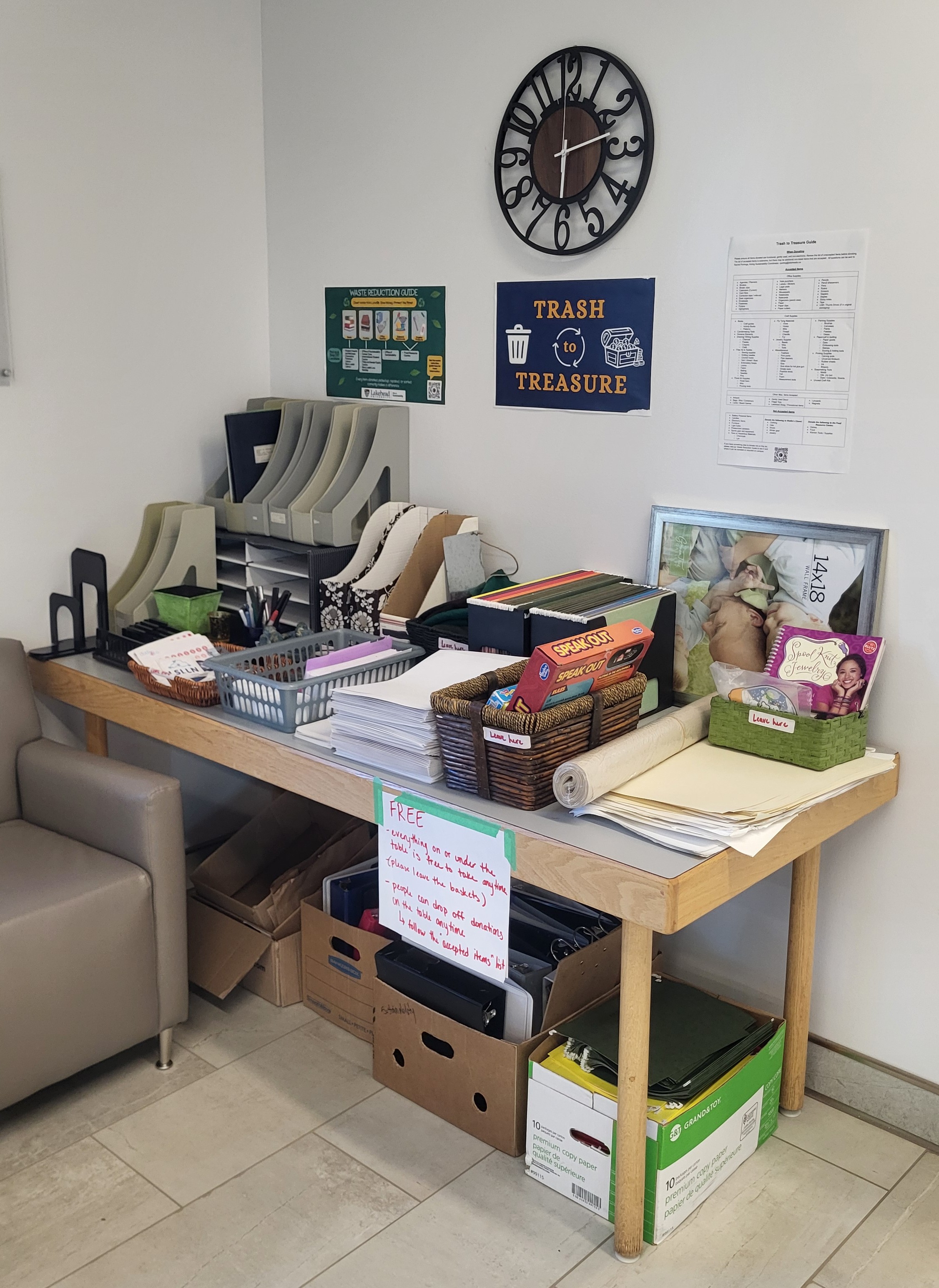 Table full of donated office supplies