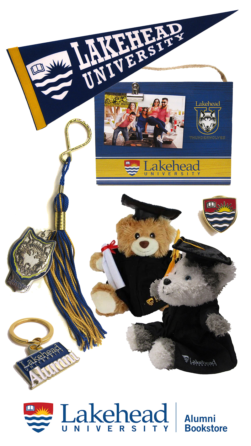 The photo features items available at the bookstore such as Lakehead merchandise
