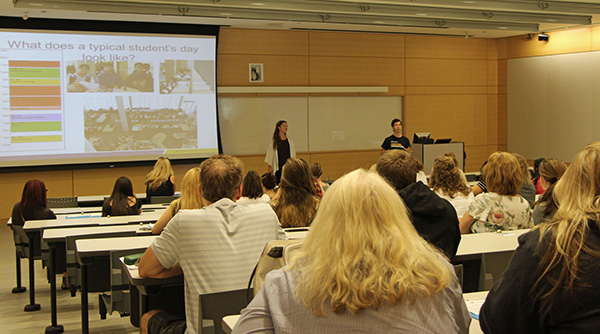 Current students explain the typical day in the life of a Lakehead student to new students and their families at Fast Pass, the University’s summer orientation program.
