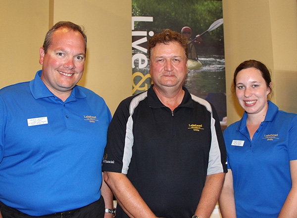 Lakehead University President & Vice-Chancellor Dr. Brian Stevenson with recipients of The President’s Scholarship Golf Tournament awards, David French (BAdmin ’13) of Barrie and Katelynn Crawford (HBASc ’16) of Severn Bridge.