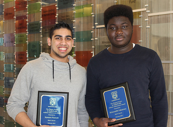 The outstanding performance and sportsmanship demonstrated by student athletes Kareem Poonah and Boluwatife Fabanwo, members of the Lakehead Orillia men’s soccer team, was recognized with the Plastics Protect & Holliswealth Athletic Achievement Award for the month of February. 