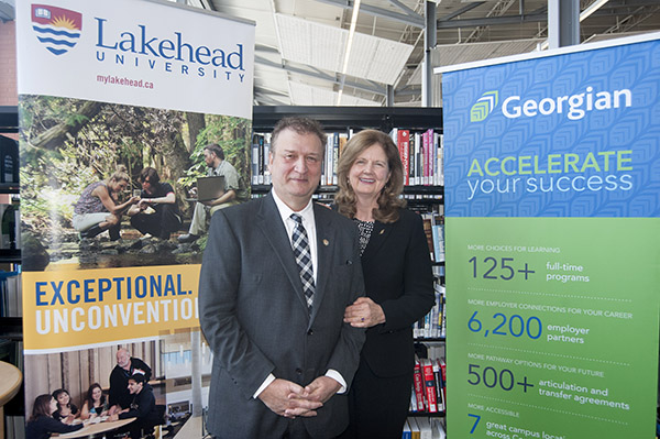 Lakehead University President and Vice Chancellor Dr. Brian Stevenson and Georgian College President and CEO Dr. MaryLynn West-Moynes announce plans for more than 20 new degree program in Barrie and Orillia at a news conference in Barrie Friday, Feb. 26, 2016.  