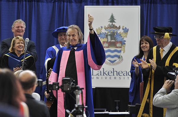 Orillia born, and internationally renowned recording artist, Gordon Lightfoot celebrates his Honorary Doctor of Music degree at Lakehead University Orillia’s 2015 Convocation ceremony at Rotary Place in Orillia on Saturday, June 6.