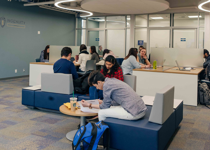 Students using one of our open areas to discuss and work on projects