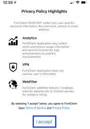 screenshot of FortiClient VPN open on an Apple device. the 'Accept' button is highlighted