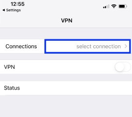screenshot of FortiClient VPN open on an Apple device. the 'Select Connection' button is highlighted