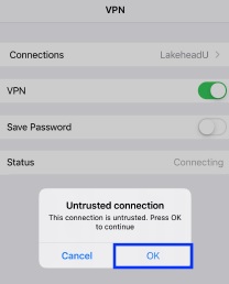 screenshot of FortiClient VPN open on an Apple device. the 'OK' button is highlighted