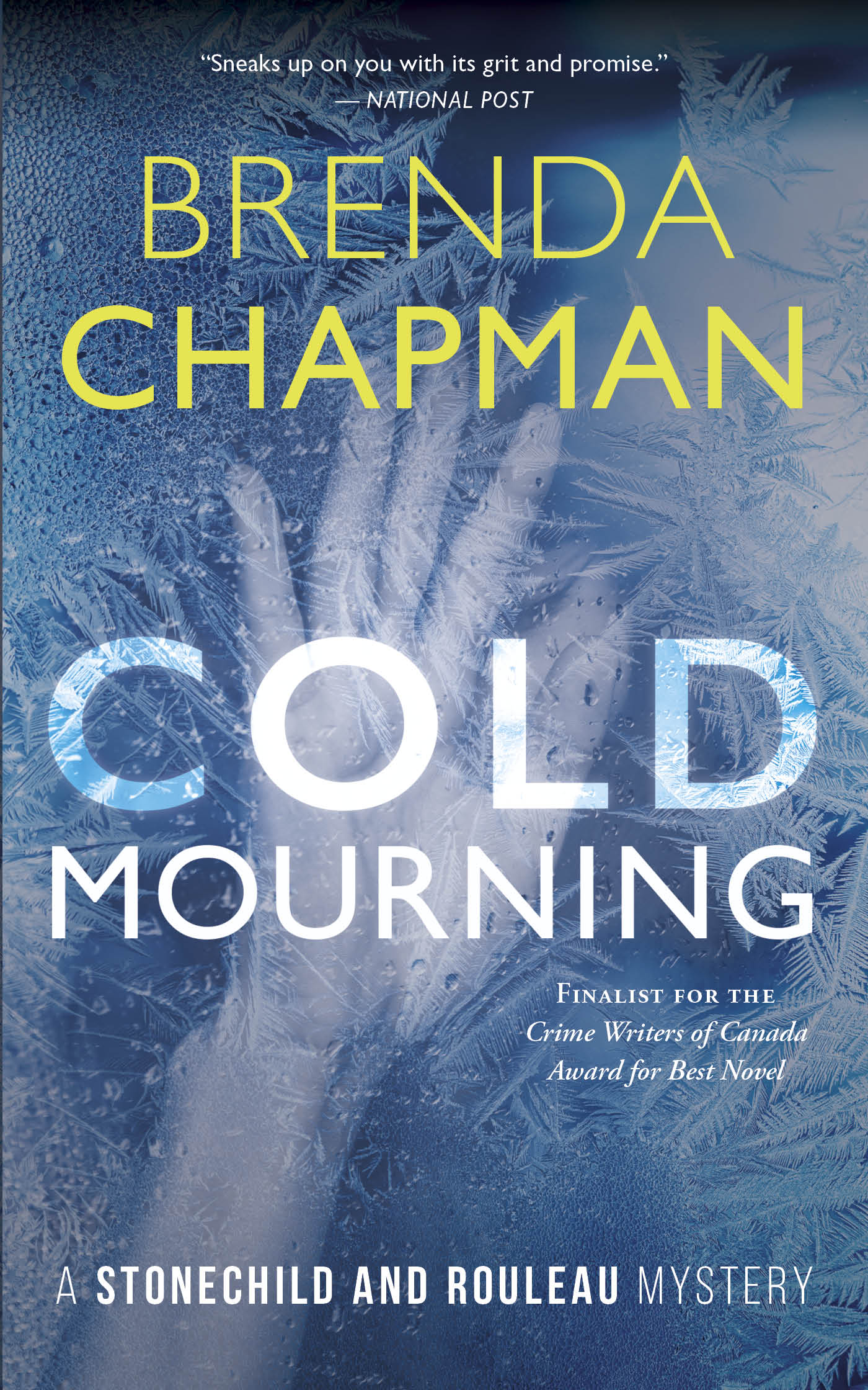 The book cover for Brenda's novel Cold Mourning featuring a hand pressing up against a layer of frost