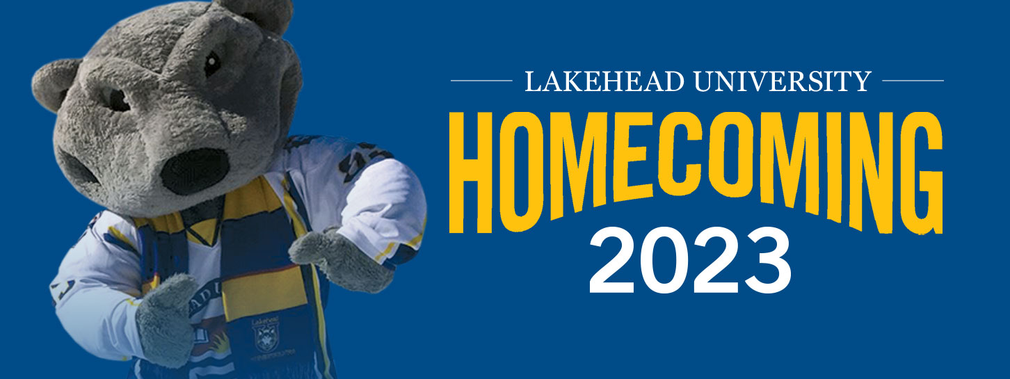 Wolfie Mascot next to the words Lakehead University Homecoming 2023