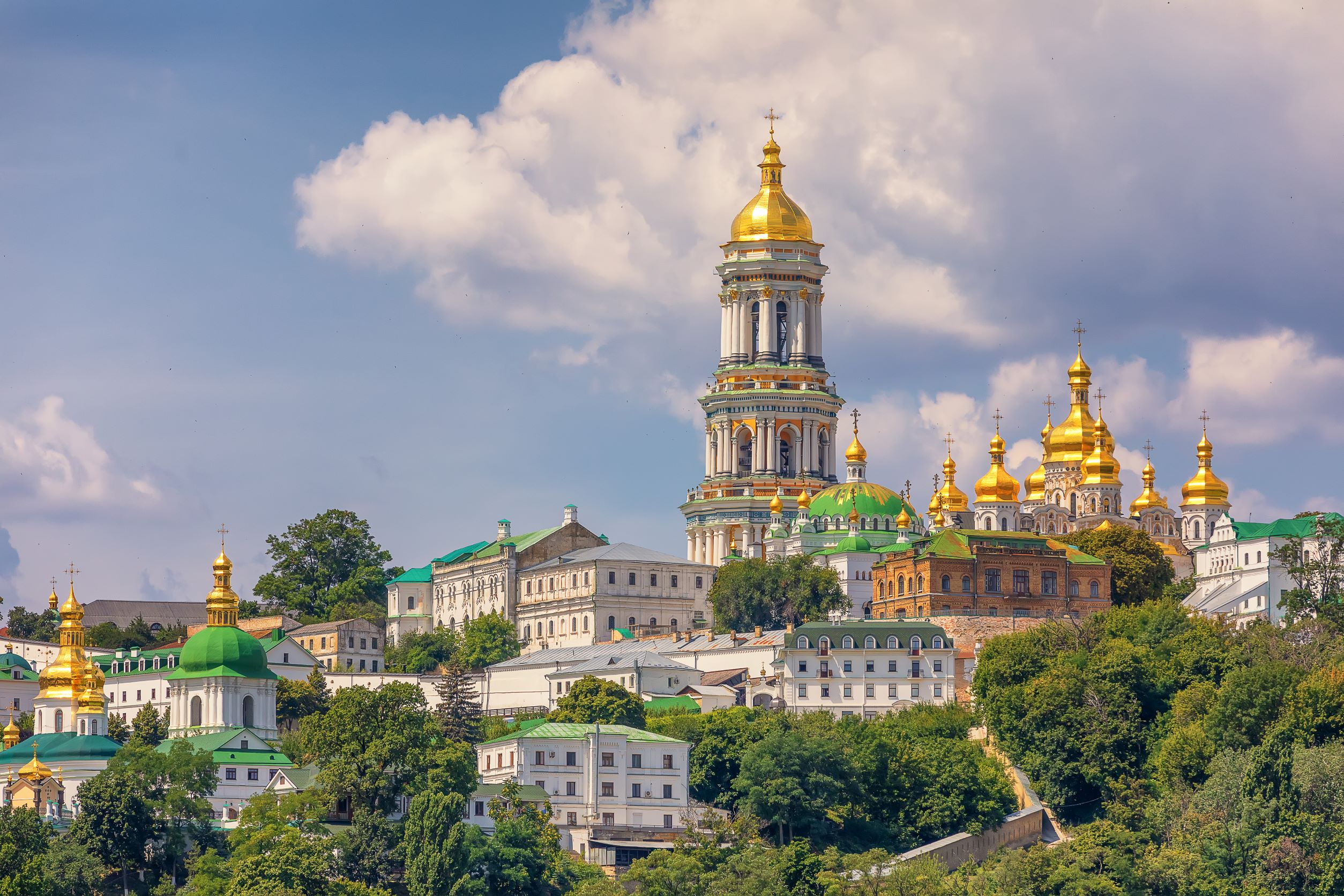 Ornate golden-domed churches in the city of Kyiv