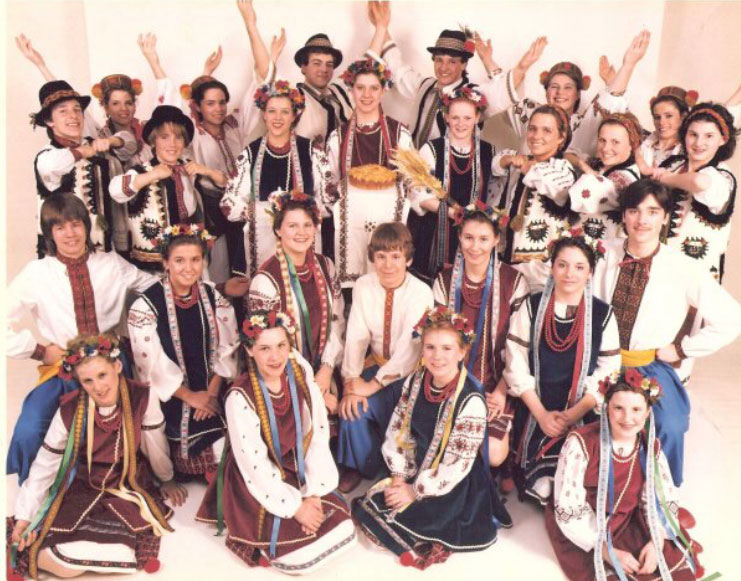 Thunder Bay Ukrainian dance company wearing their perfomring costumes including Lakehead alum Mark Sawchuk