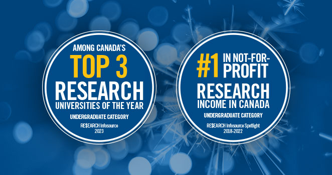 2024 Research Infosource Graphic Graphic indicating that Lakehead is a Top 3 Research University and #1 in Not-for-Profit Research Income
