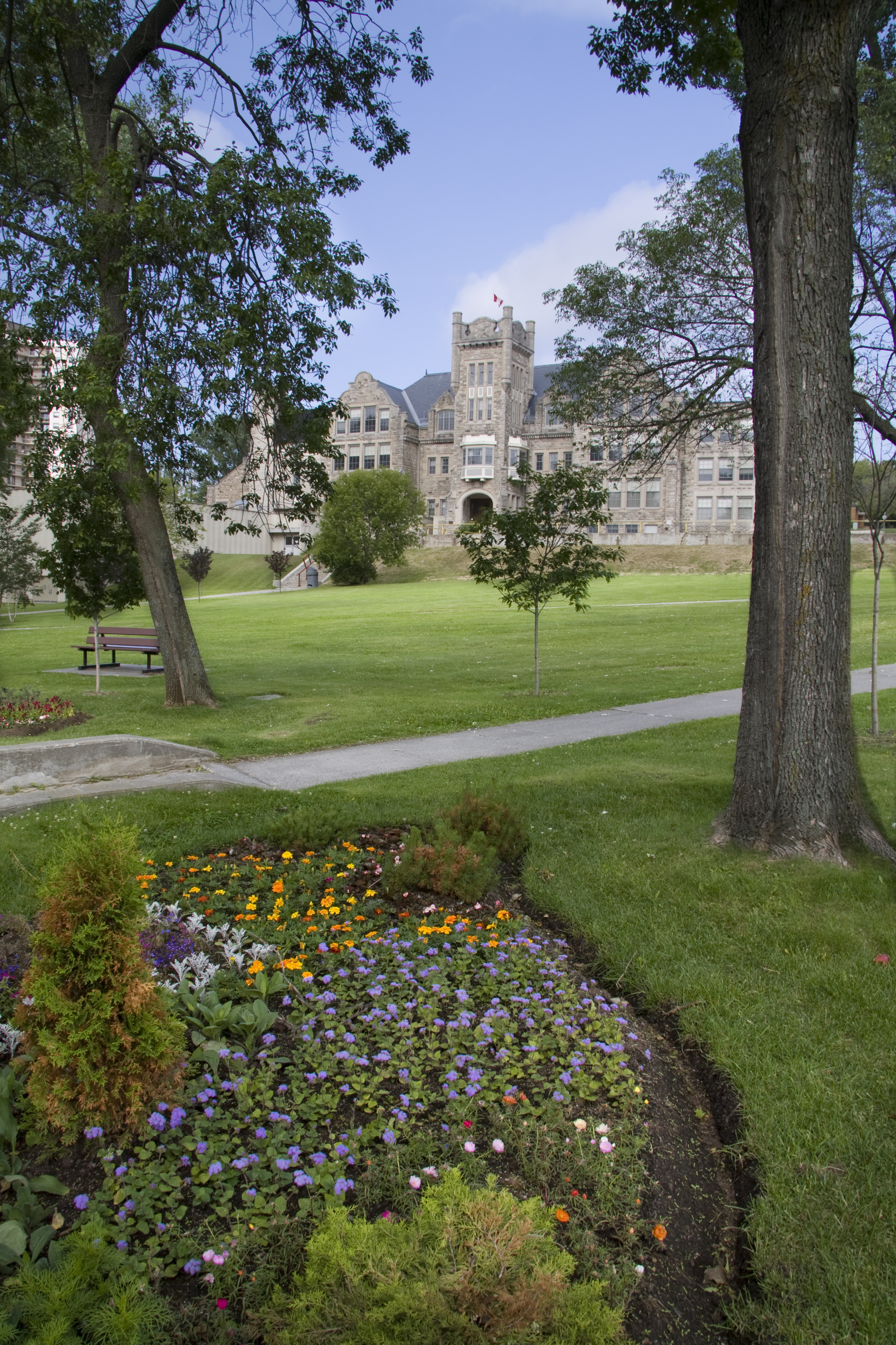 View of Law School with flowers in foreground