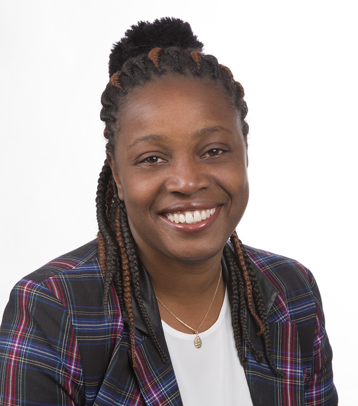 A head-and-shoulders image of Dr. Anna Kone wearing a white blouse, a plaid jacket, and a silver pendant