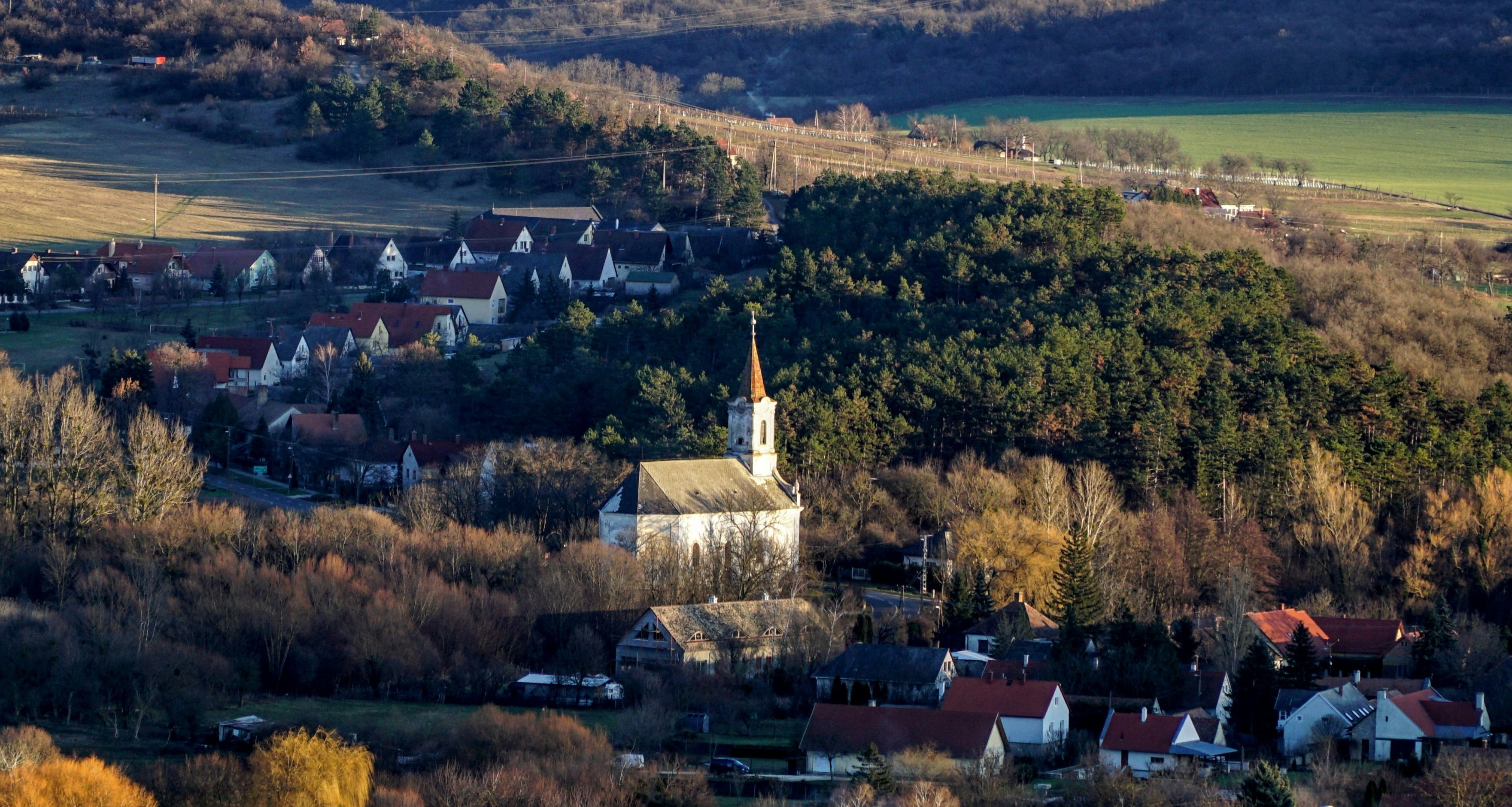 A rural village with a gothic church in the centre; woods and fields are also visible