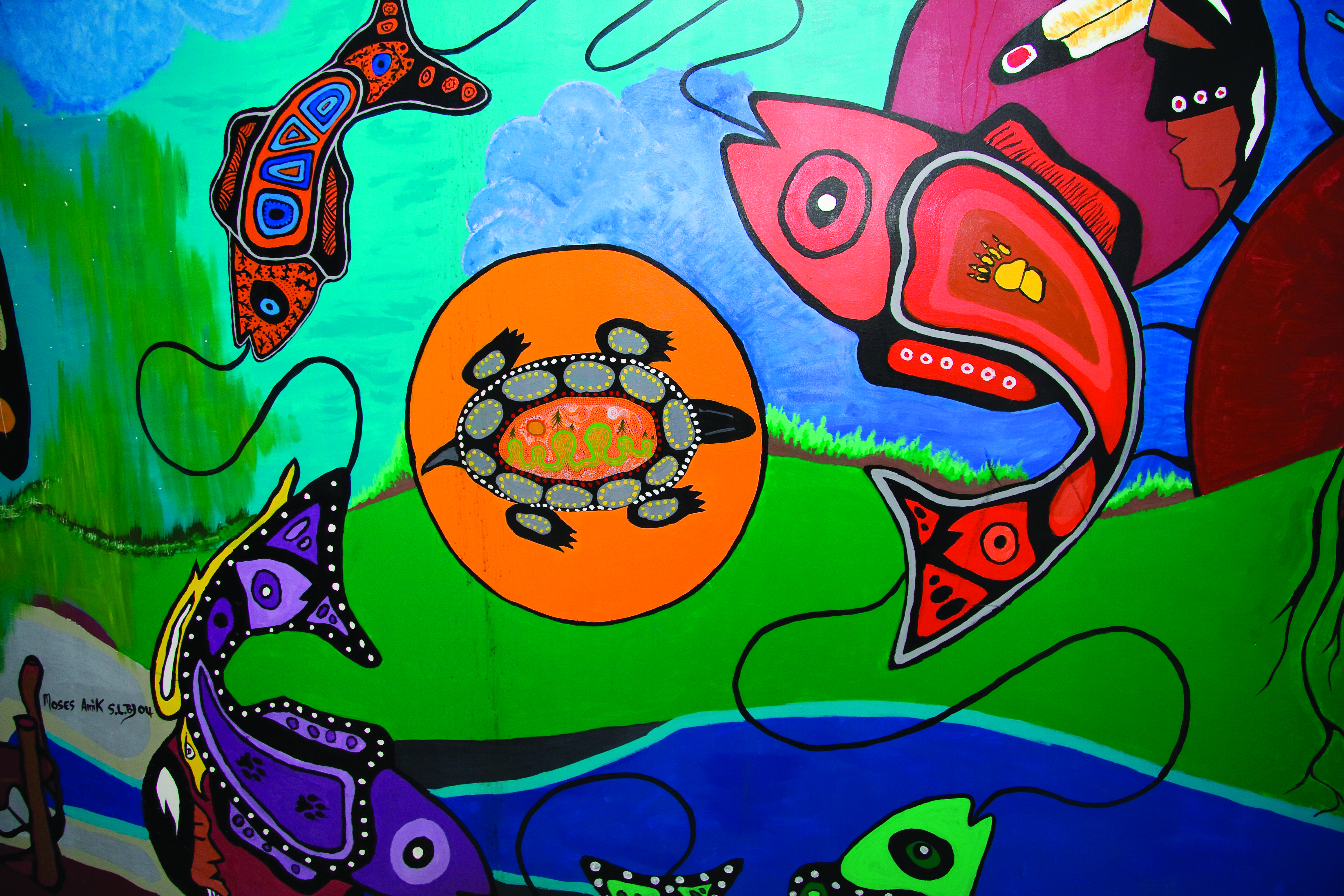 Woodland Wall Mural A Woodland style of art wall mural featuring images of fish and a turtle signed by Moses Amik