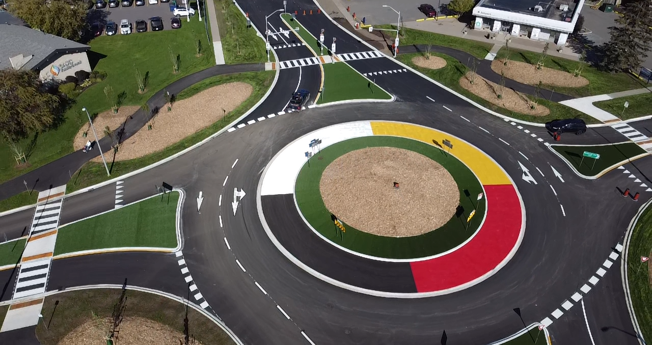 Aerial view of a traffic roundabout