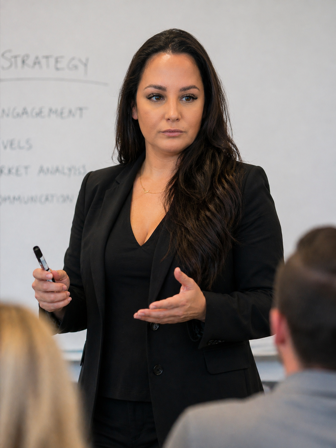 Tamara Bernard, holding a marker in one hand, stands in front of a whiteboard