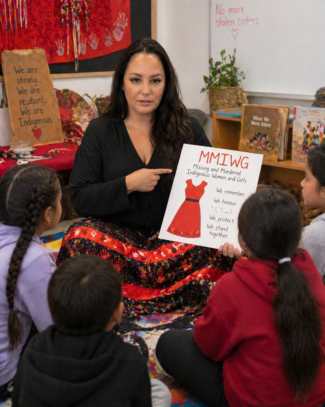 Schoolchildren seated on the floor around Tamara Bernard listen to her speak
