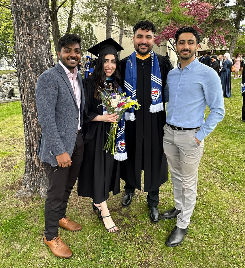 Faraz (second from right) and his girlfriend, Master of Education graduate Parinaz Gharooni Beigi, celebrate receiving their degrees with two of their friends. “I want to thank the Alumni Association of Lakehead University for their support of LUSU,” Faraz says. “Mark Tilbury and Yolanda Wanakamik with the Alumni Association always back us up and want the best for students.”