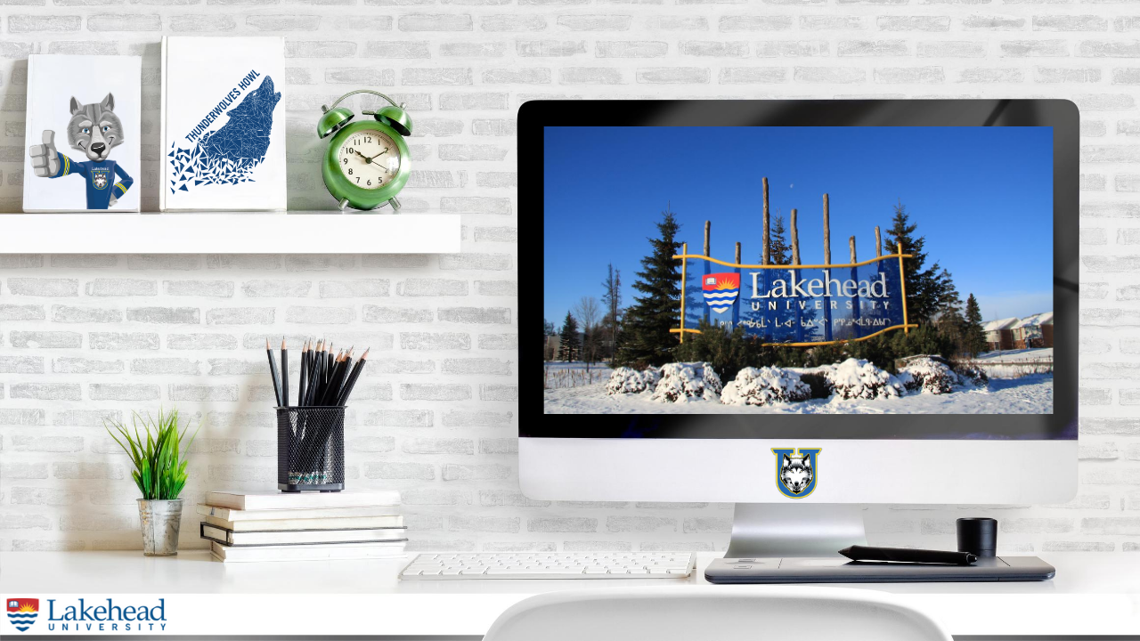 A zoom background with Lakehead Office Desk