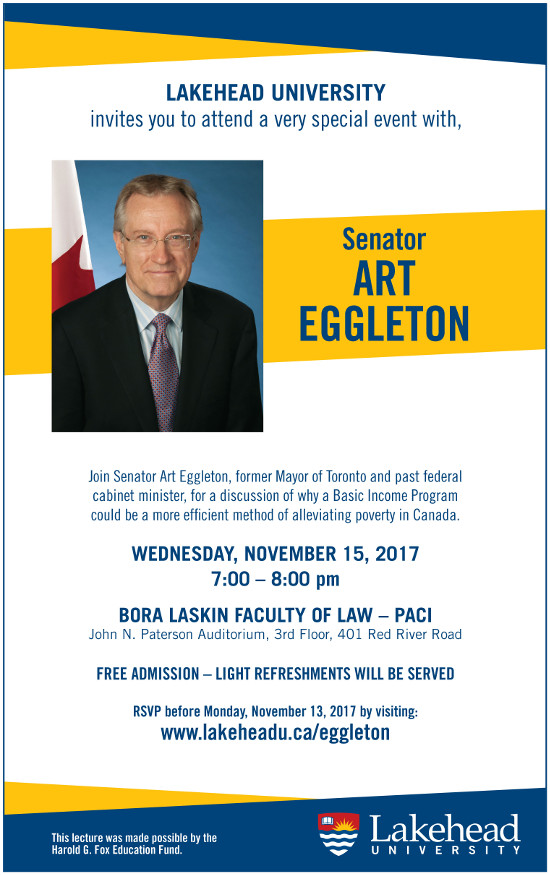 Poster for the upcoming lecture event featuring Art Eggleton